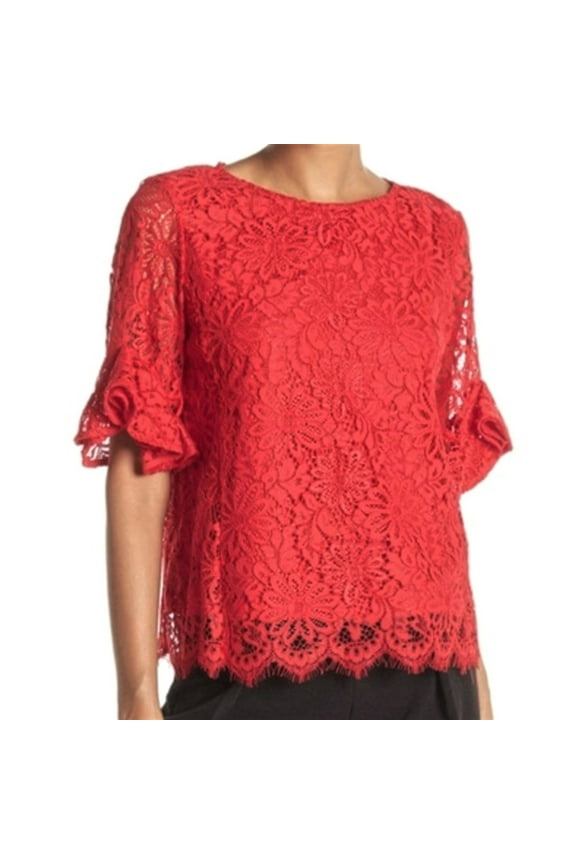 Women's Elbow Ruffle Sleeves Scallop Trim Hem Lace Blouse Top-Red / S