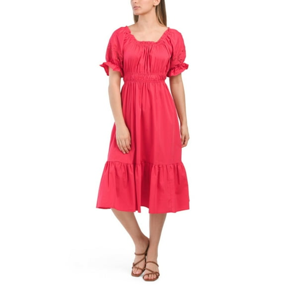 Nanette Lepore Women's Eyelet Puff Off the Shoulder Ruffle Hem Cotton Midi Dress (Pink, 10)