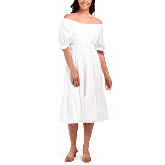 Nanette Lepore Women's Eyelet Puff Off the Shoulder Ruffle Hem Cotton Midi Dress (White, 12)