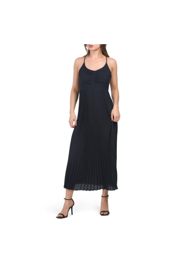 Women's Strappy V-Neck Pleated Maxi Dress (Navy, 14)