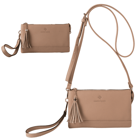 Nanette Lepore Womens Crossbody Purse Faux Leather Handbag with Wristlet Attachment Tan