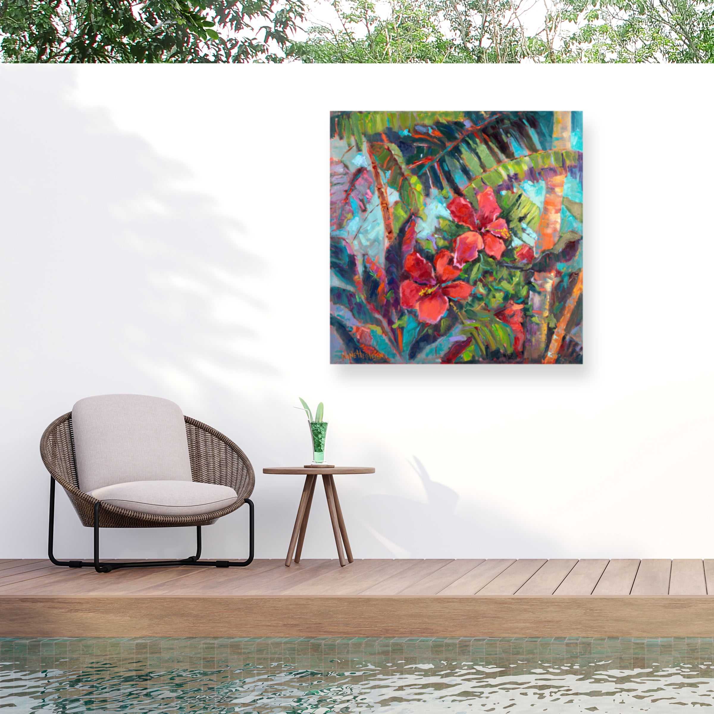 Tropical Red Flower Outdoor Canvas Print 14x14