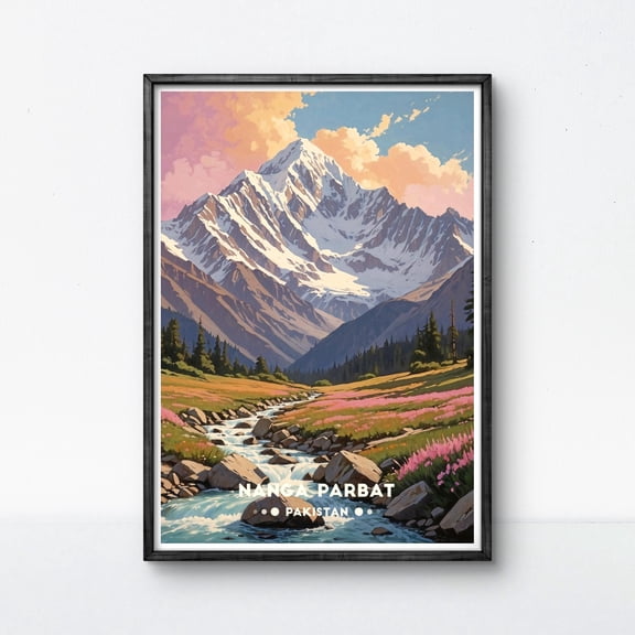 Nanga Parbat Vintage Poster Pakistan Travel Art Himalayan Mountain And Scenic Stream Vibrant Meadow Wall Decor, Poster Only