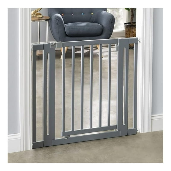 Nani Dog Gate - Indoor Pet Barrier, Expandable to 38", Walk Through Swinging Door, Extra Wide, Pressure Mounted, Walls, Stairs. Small and Large Dogs. Gray Wood. Best Dog Gate.