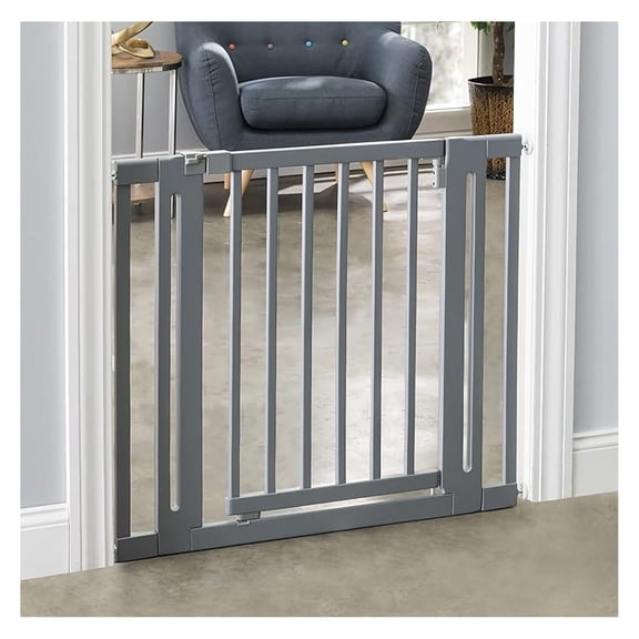 Nani Dog Gate - Indoor Pet Barrier, Expandable to 38", Walk Through Swinging Door, Extra Wide, Pressure Mounted, Walls, Stairs. Small and Large Dogs. Gray Wood. Best Dog Gate.
