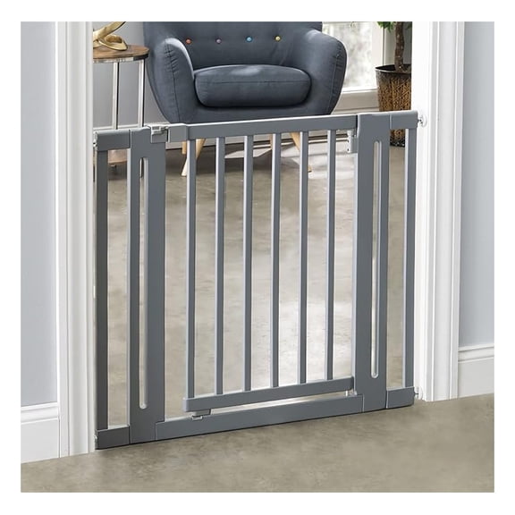 Nani Dog Gate - Indoor Pet Barrier, Expandable to 38", Walk Through Swinging Door, Extra Wide, Pressure Mounted, Walls, Stairs. Small and Large Dogs. Gray Wood. Best Dog Gate.