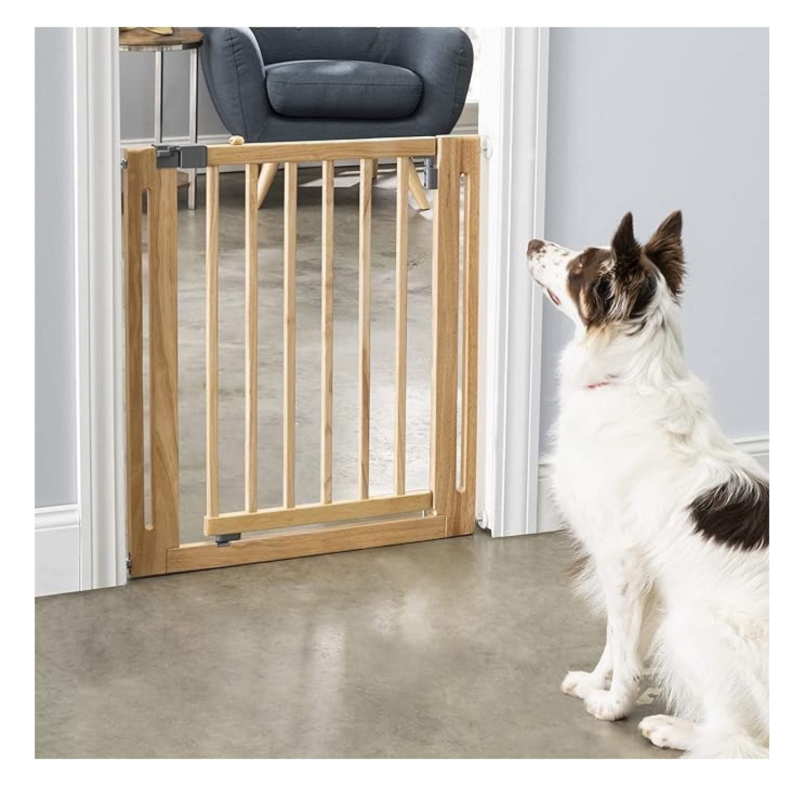 Nani Dog Gate - Indoor Pet Barrier, Expandable to 38", Walk Through Swinging Door, Extra Wide, Pressure Mounted, Walls, Stairs. Small and Large Dogs. Natural Wood. Best Dog Gate.