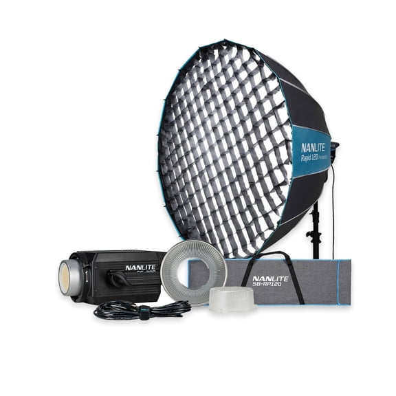 Nanlite FS-200 Daylight LED Monolight Quiet Fan with 11 Lighting Effects Bundle with Rapid 120 Parabolic Softbox, Grid and Bowens Mount (2 items)