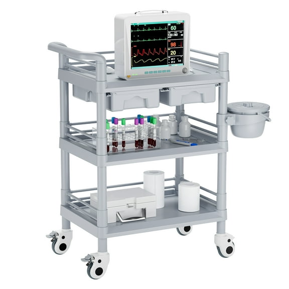 Nanly Beauty Trolley Cart with Wheels, 3 Tiers Esthetician Cart with Handrail, 2 Drawers & 1 Dirt Bucket, Moveable Therapy Machine Trolley Medical Utility Cart for Hospital Dental Clinic Lab