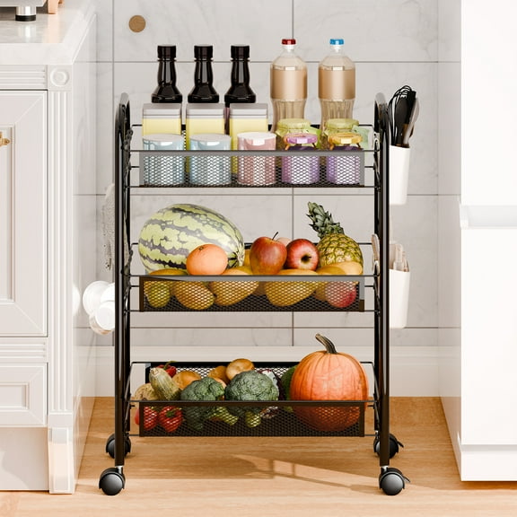 Nanly Fruits Vegetables Storage Basket, 3-Tier Carbon Steel Kitchen Storage Rolling Cart on Wheels with Detachable Baskets Metal Mesh Storage Basket for Kitchen, Diningroom, Office