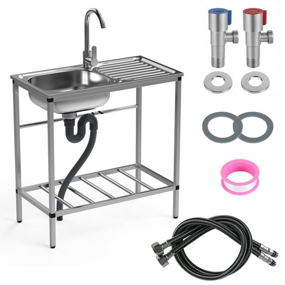 Nanly Stainless Steel Utility Sink Set, Freestanding Single Bowl Kitchen Sink, Outdoor Sink Station with Hose Hook Up, Hot & Cold Faucet, Storage Shelves for Garage, Restaurant, Kitchen
