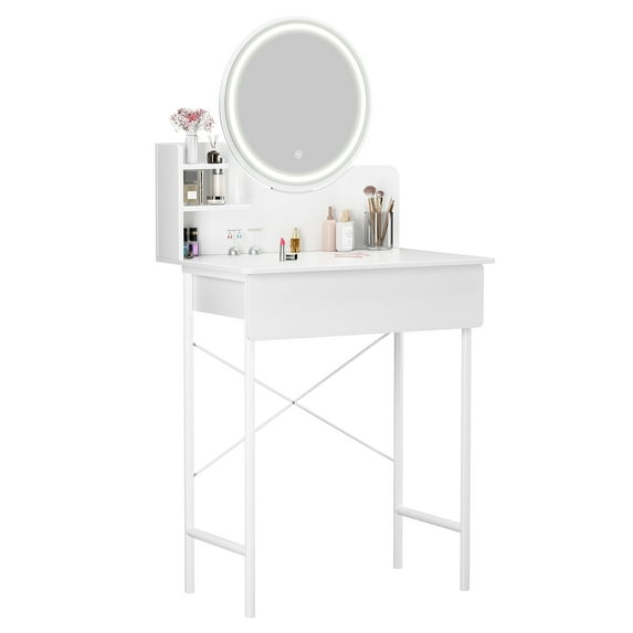 Nanly Vanity Desk with LED Lighted Mirror, Makeup Table with 1 Drawer and 2 Shelves, 3 Lighting Modes Adjustable Brightness White Makeup Dressing Table for Bedroom