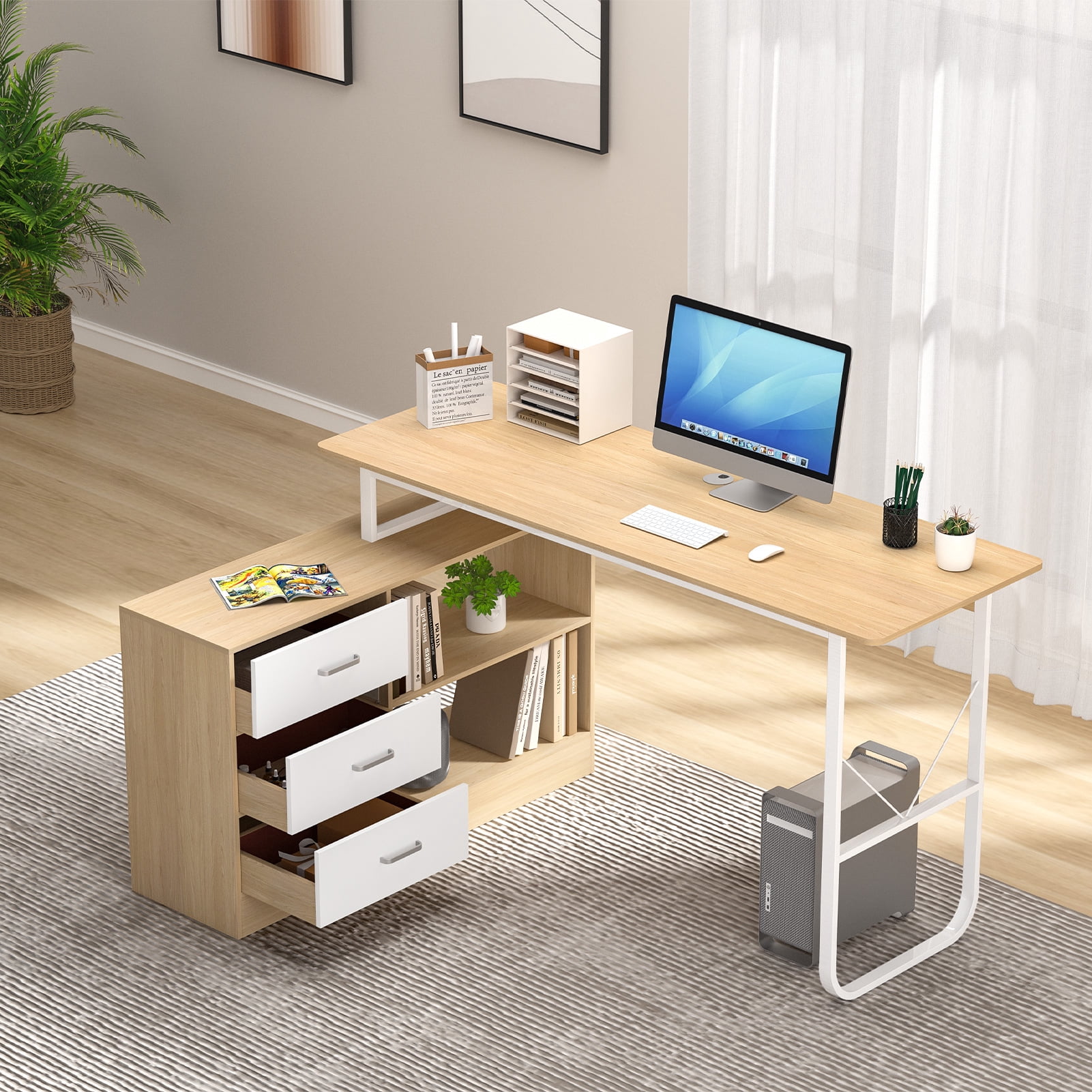 Nanly Writing Computer Desk, Large L-Shaped Corner Gaming Desk with ...