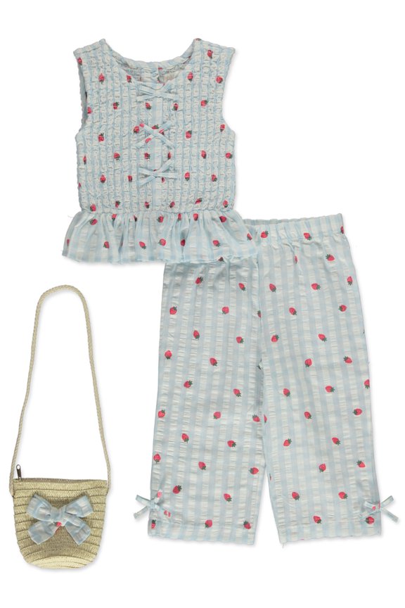 Girls' 3-Piece Strawberry Pants Set Outfit Color: light blue/multi Size: 4t