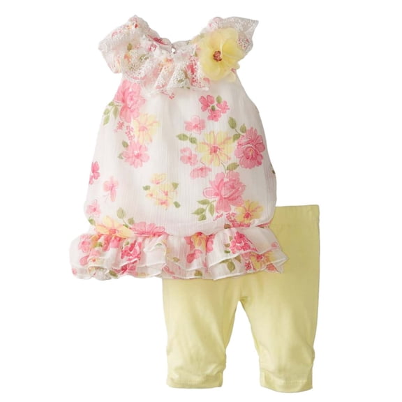 Nannette Infant Girl Floral Print Chiffon Top Yellow Leggings Outfit Set 3-6m