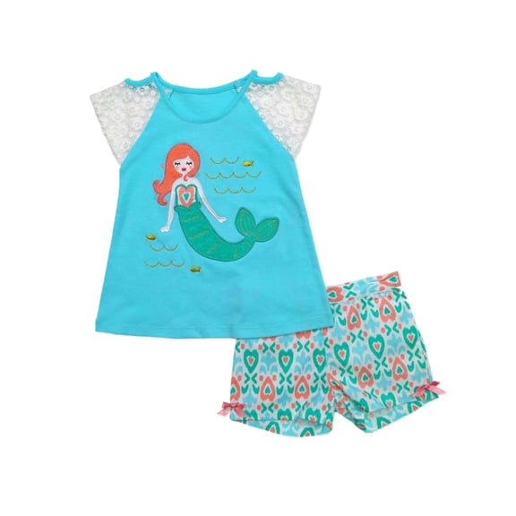 Nannette Infant & Toddler Girls Blue Mermaid Outfit Top & Heart Shorts Set 18m