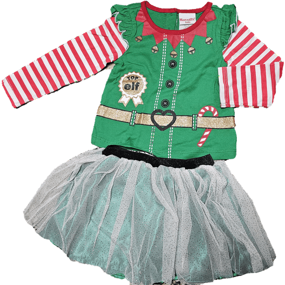 Kids Green & Red Stripe Elf Top & Skirt Toddler Girls 2T