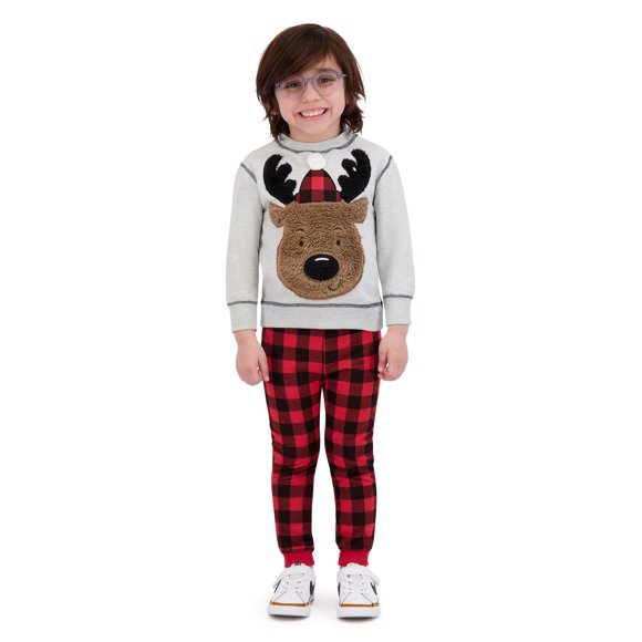 Kids Toddler Boys Reindeer Buffalo Check Jogger Set, Size 2T-4T