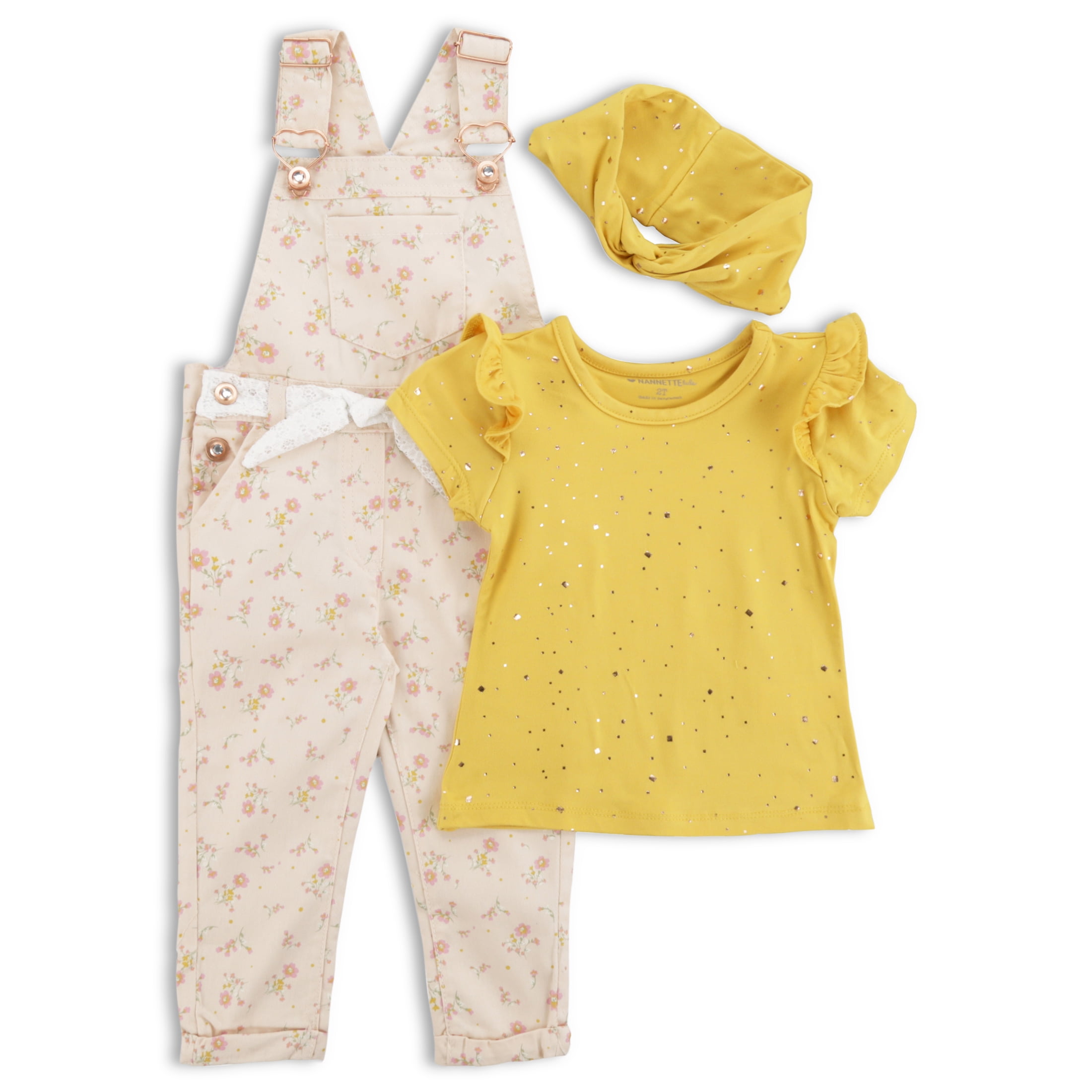 Nannette Toddler Girl Tee Overalls and Headband Set Sizes 2T 4T