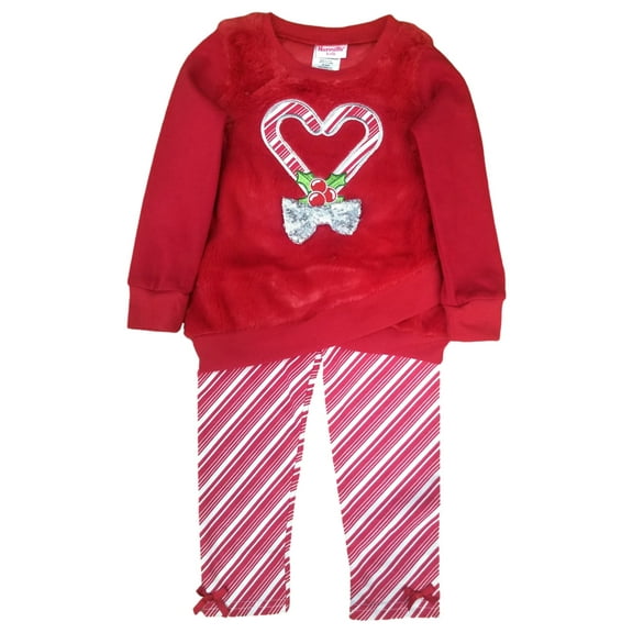 Nannette Toddler Girls Christmas Red Candy Cane Fur Shirt Leggings Outfit 3T