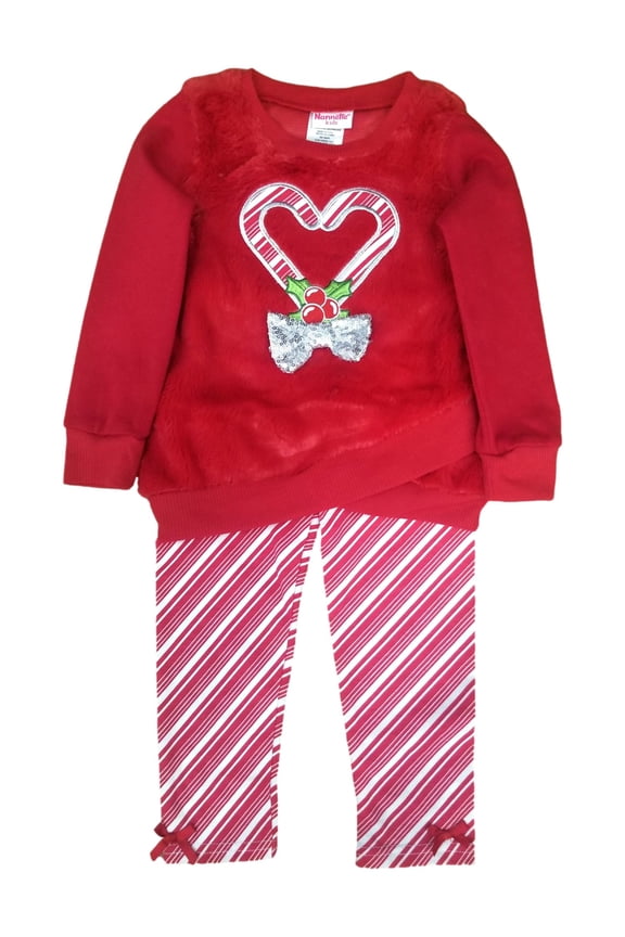 Toddler Girls Christmas Red Candy Cane Fur Shirt Leggings Outfit 3T