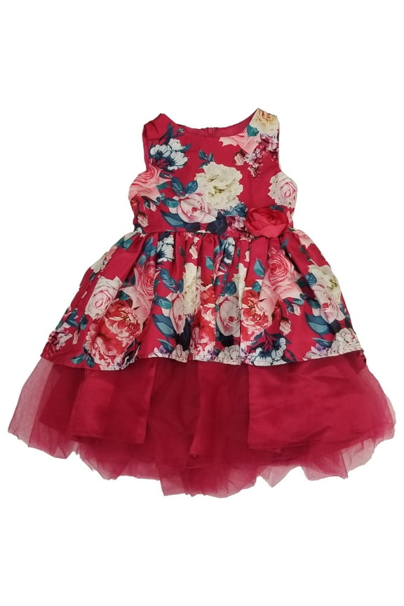 Toddler Girls Magenta Pink Rose Red Floral Fancy Tulle Holiday Dress 2t