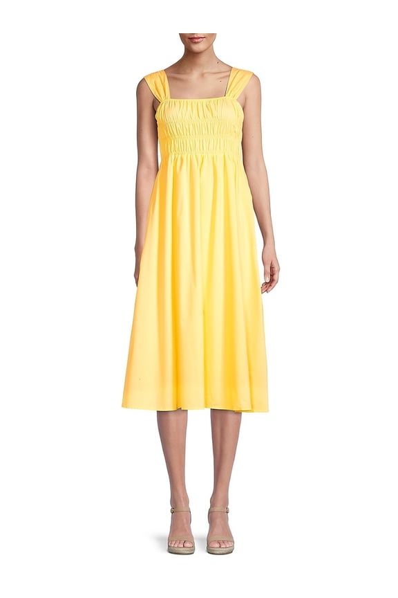 YELLOW Women's Smocked Sleeveless MIDI Dress, US 10