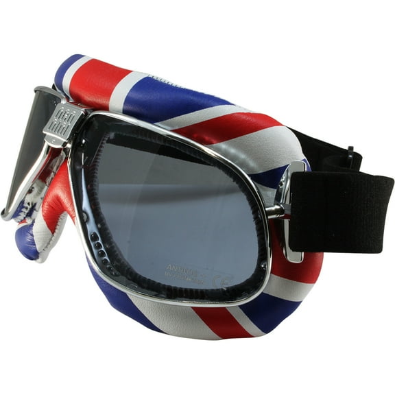 Nannini Biker Motorcycle Goggles Padded British Flag Leather Smoke Anti-Fog Lens