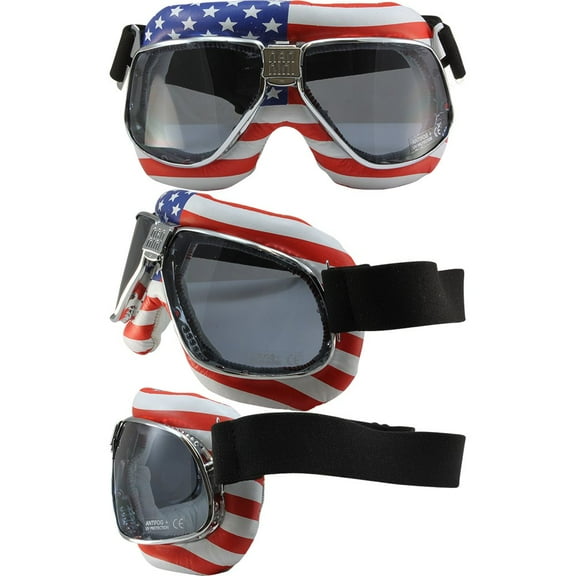 Nannini Biker Padded Motorcycle Goggles American Flag Smoke Lens