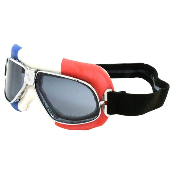 Nannini Cruiser Hand Sewn French Flag Leather Goggles Chrome Frames Smoke Anti-Fog Lens