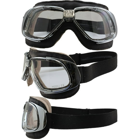 Nannini Rider Hand Sewn Brown Leather Goggles Chrome Frames Clear Anti-Fog Lens