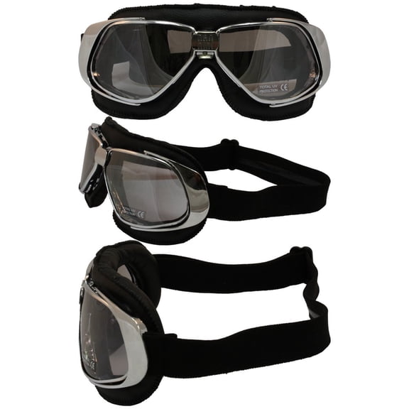 Nannini Rider Motorcycle Goggles Hand-Sewn Black Leather Chrome Clear AntiFog Lens