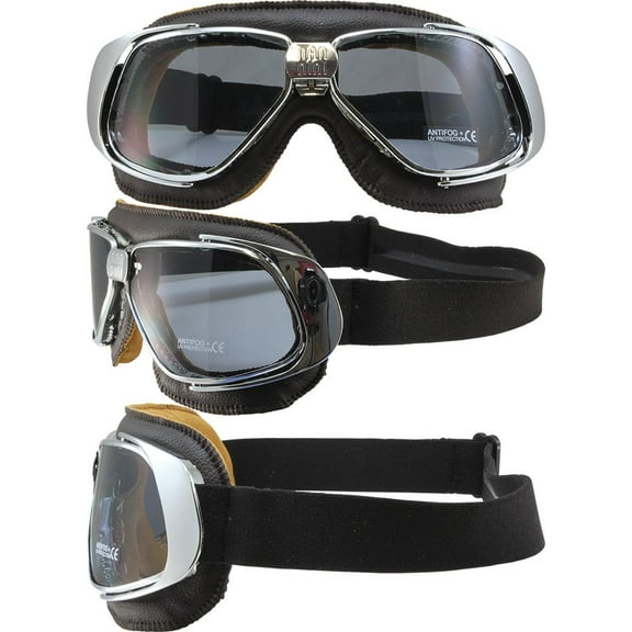 Nannini Rider Padded Motorcycle Goggles Hand-Sewn Brown Leather Frames Clear Anti-Fog Lenses