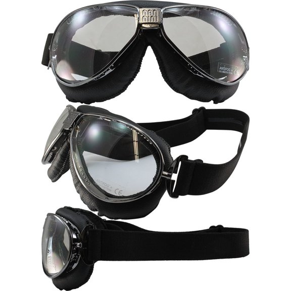 Nannini TT Padded Motorcycle Goggles Hand-Sewn Black Leather/Gunmetal Frames Grey Anti-Fog Lenses