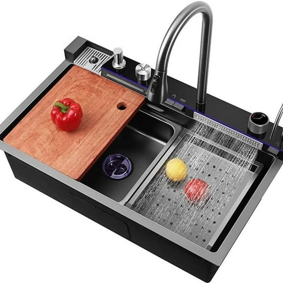 Nano Black Flying Rain Waterfall Sink Household SinkIntegrated Sink with Pull-Out Tap Set 29.5 INCH