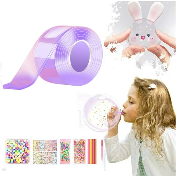 Nano Bubble Tape Kit with Sequins Sticker Straw,Self-Adhesive Nano Double Tape Bubble Inflatable Bubble Tape, Nano Double Tape Bubble DIY Nano Double Tape Bubble Craft Kit for Adults Children,Purple