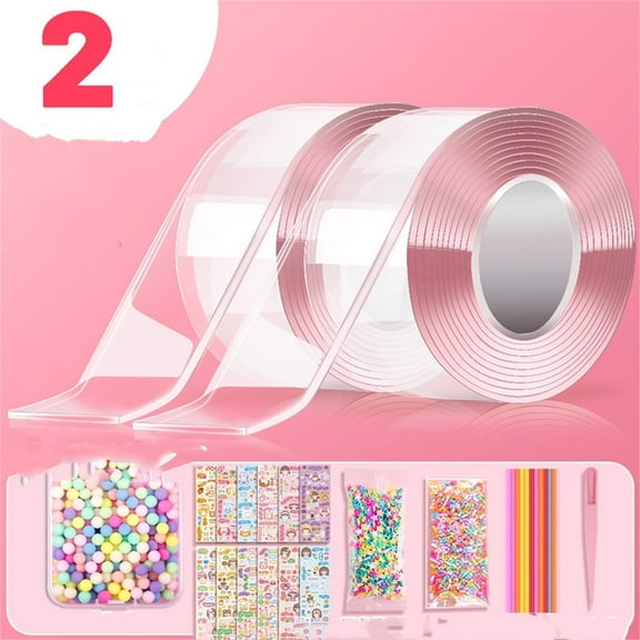 Nano Double Tape Bubbles Kit,2 Count Clear Double Sided Tape,Decorative Art & Craft Tape with 10 Straws and 12 Packs Glitter,Nano Tape Elastic Bubble DIY Kit,Party Favors Toys Gift for Kids, Adults