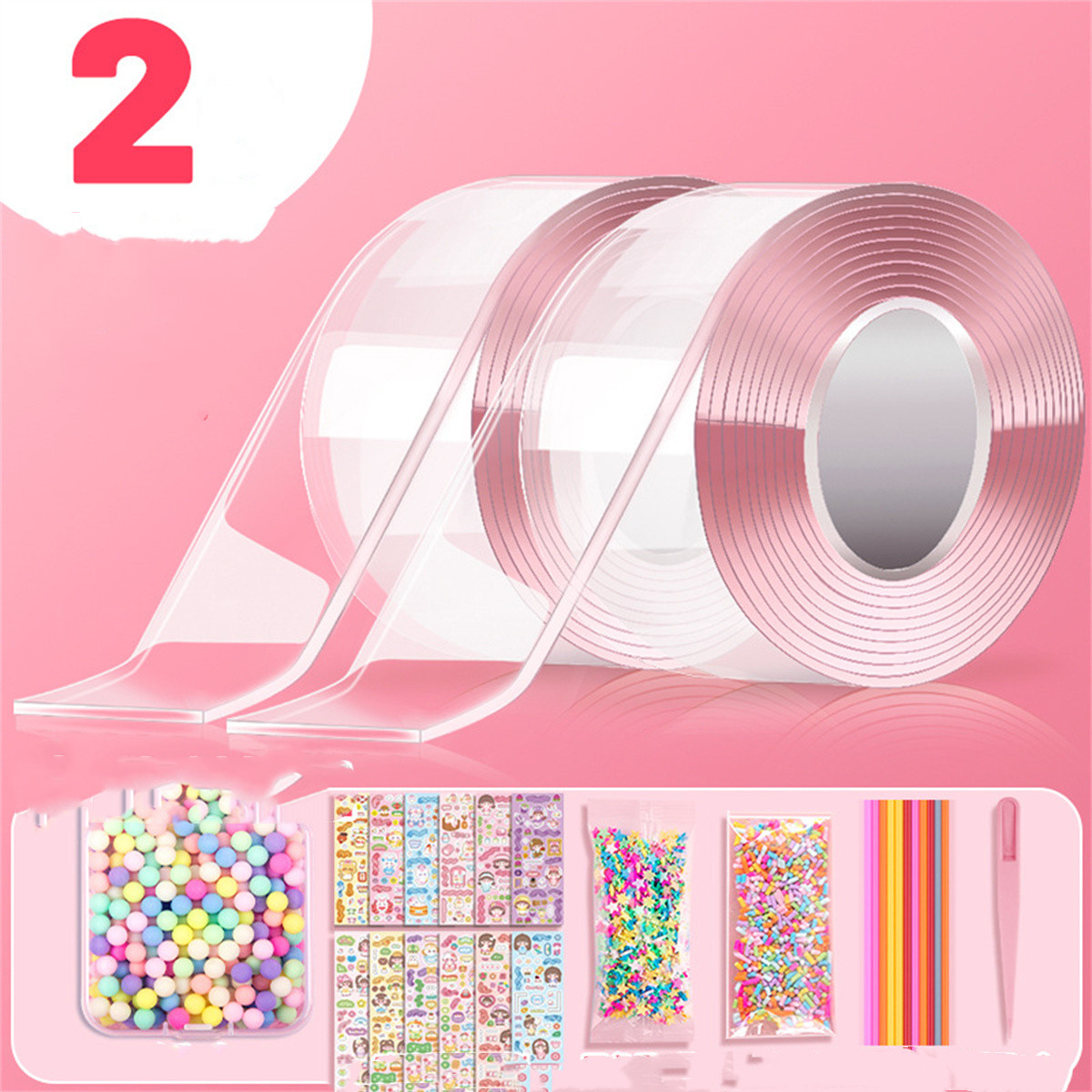 Nano Double Tape Bubbles Kit,Double Sided Tape Magic Plastic Bubbles with  10 Straws and 12 Packs Glitter,Nano Tape Elastic Bubble Squishy DIY