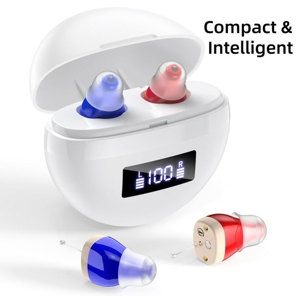 Nano Rechargeable Ai-ds for Seniors with Noise Cancelling, Invisible Digital Ai-d for Adults Listening Loss with Charging Case, A Pair Blue & Red