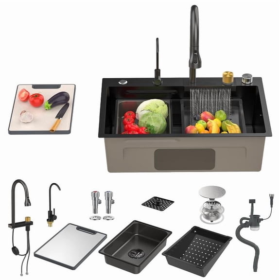Nano Stainless Steel Kitchen Sink, Scratch & Rust Resistant, Waterfall Faucet, 4 Modes, Cutting Board, Drain Rack, Cup Rinser & Purifying Faucet