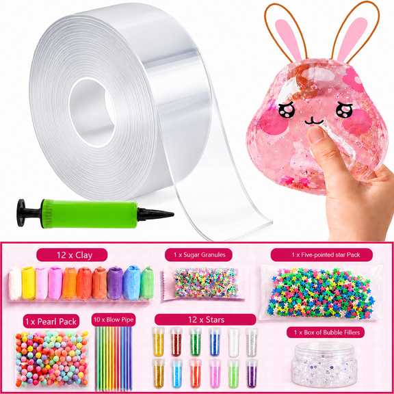 Nano Tape Bubble Kit for Age 3+ and Teens, Clear Double Sided Elastic Tape DIY Bubble Craft Set with Clay, Glitter Sequins, Beads, Straws and Fillers, Stress Balls Toys, Creative Sensory Fidget Gift
