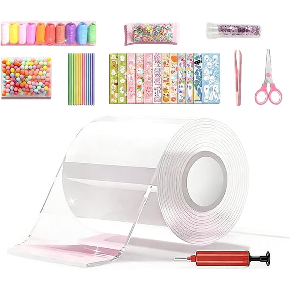 Nano Tape Bubble Kit DIY Craft Kit with Double Sided Tape Straw Inflator Stickers Glitter(Q)