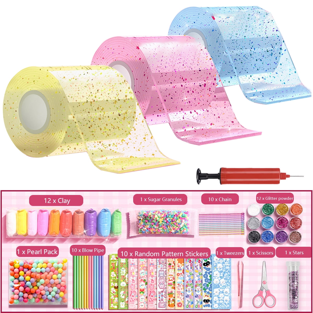 Nano Double Tape Bubbles Kit,Double Sided Tape,Plastic Bubbles with 10  Straws and 12 Packs Glitter,Nano Tape Elastic Bubble Squishy DIY Kit,Party
