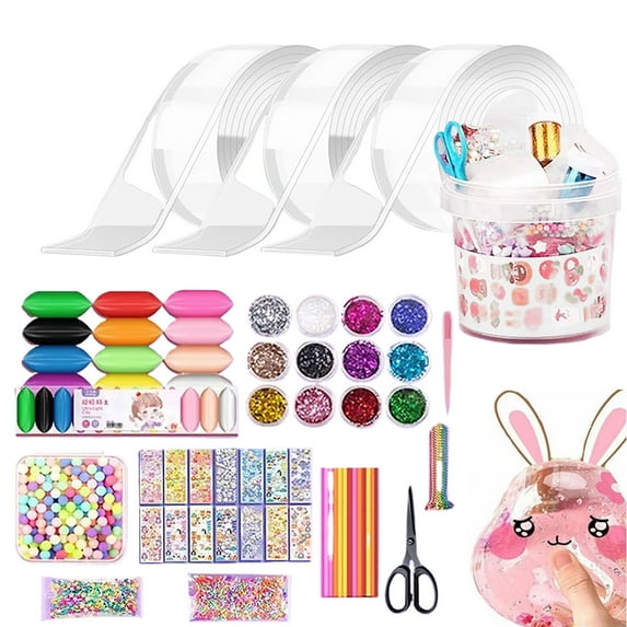 Nano Tape Diy Bubble Blowing Kit Stress Relief Squishy Handmade Balloon Making Set With 3 Rolls Tape, 12-Color Clay, 1 Handheld Bucket, 12 Guka Stickers, 12 Boxes Glitter, 10