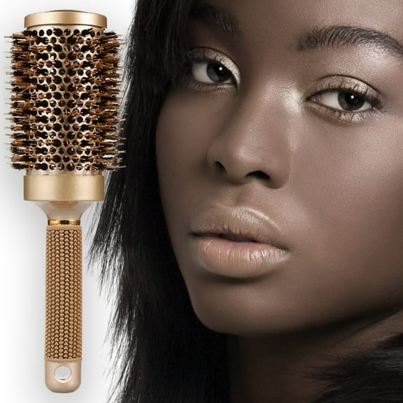 Nano Technology Ceramic & Round Barrel Hair Brush with Natural Boar Bristle for Blow Drying, Styling, Curling, and Shine, Gold brush for women hair (1.8 inch).