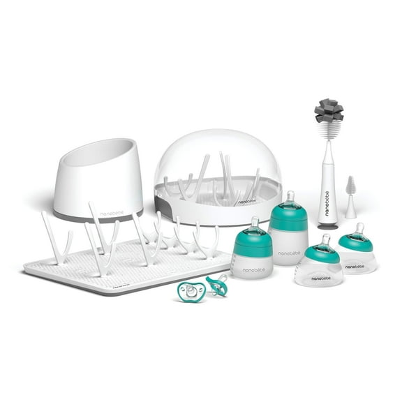 Nanobebe Breastmilk and Silicone Baby Bottle Ultimate Set Gen 2, 5oz and 9oz - with Sterilizer, Drying Rack, Anti-Colic Nipples, Pacifiers, and Warmer - Teal/Grey