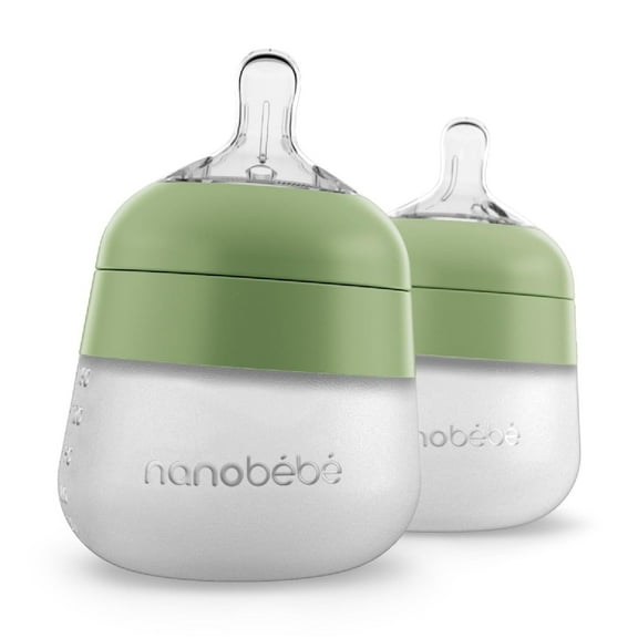 Nanobebe Flexy Silicone Baby Bottle, Anti-Colic, Natural Feel, Non-Collapsing Nipple, Non-Tip Stable Base, Easy to Clean 2-Pack, Sage, 5 oz