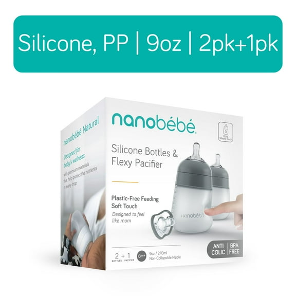 Nanobebe 2 Pack Grey Bottles + Paci