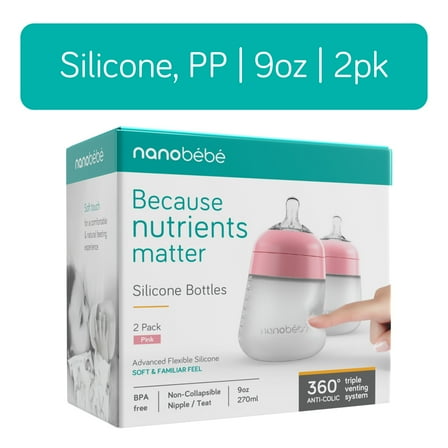Nanobebe Anti-Colic Flexy Silicone Baby Bottles | Pink, 9 oz, 2 Pack