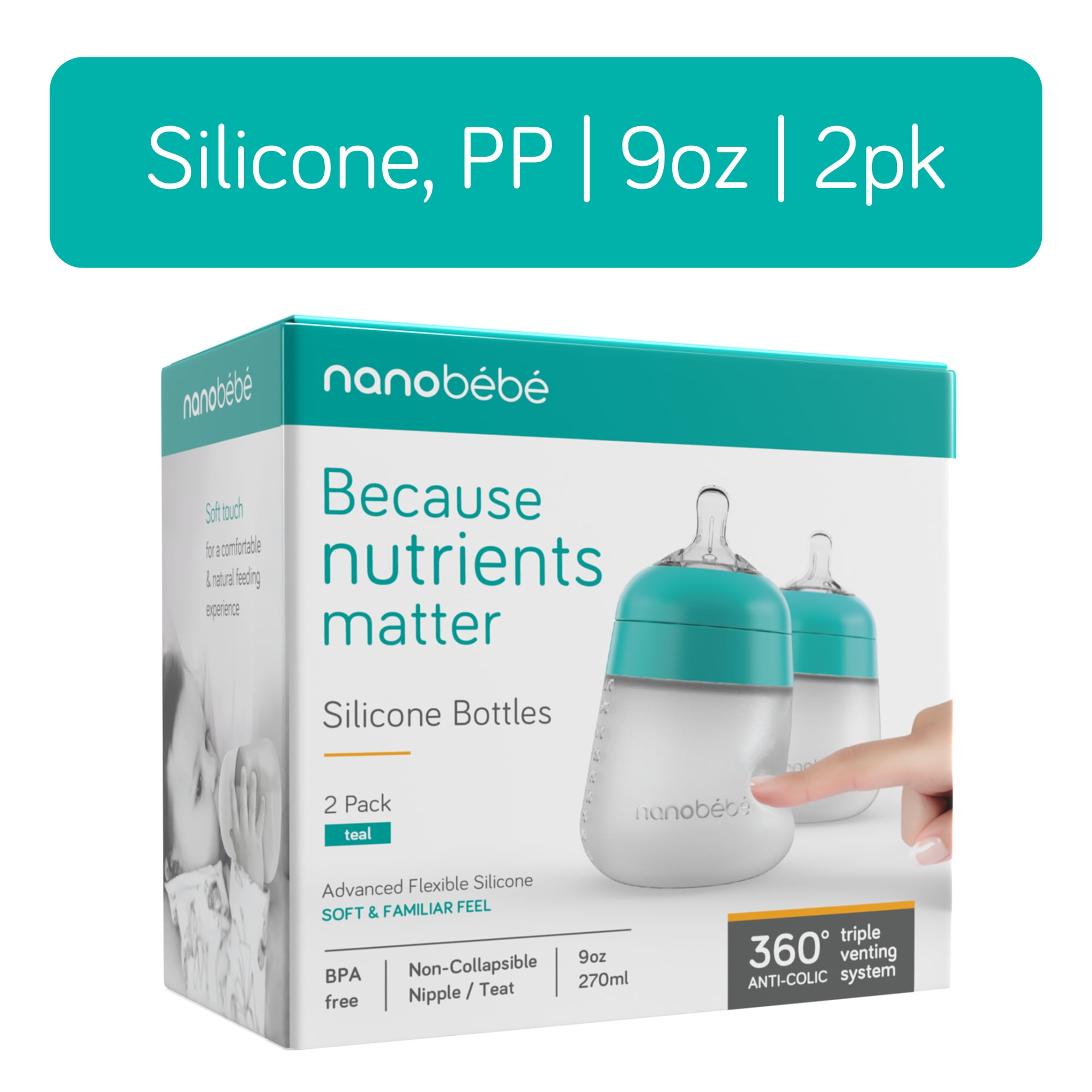 Nanobebe Anti-Colic Flexy Silicone Baby Bottles | Teal, 9 oz, 2